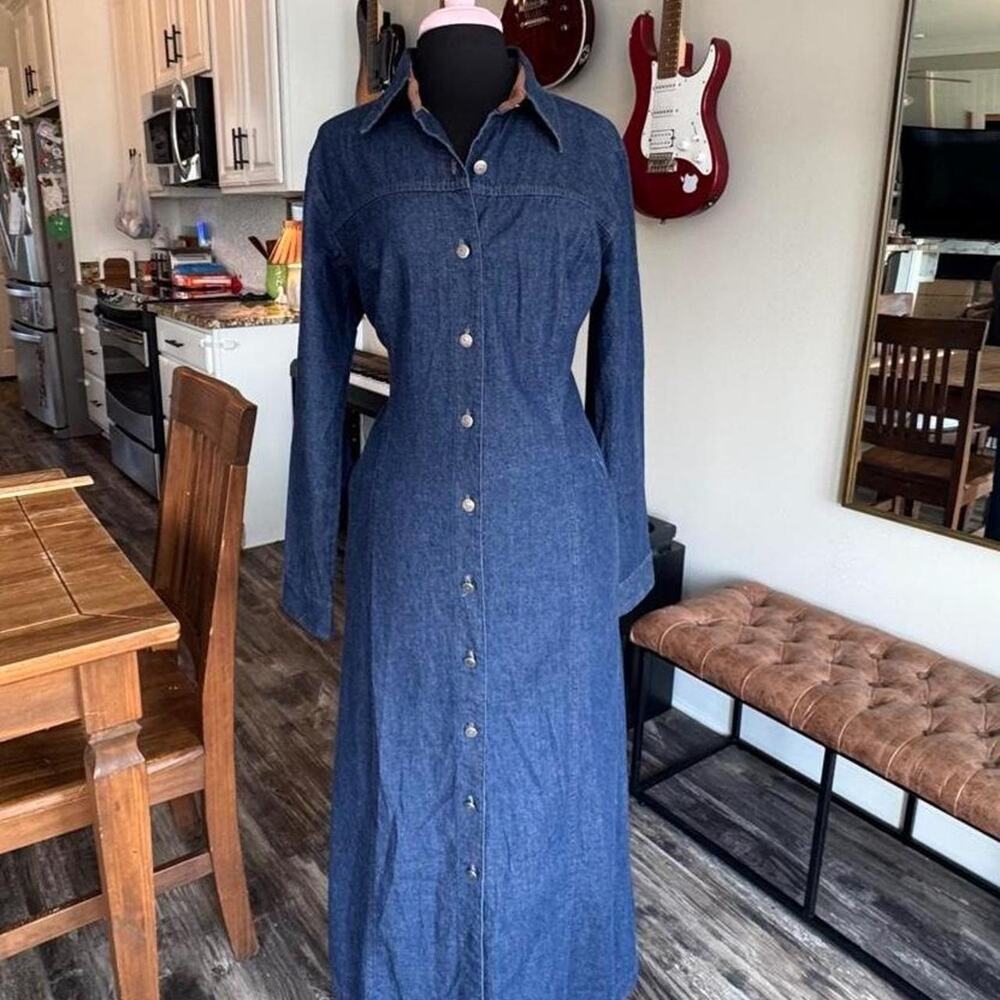 Vtg Carol Anderson California Denim Maxi Dress Button down